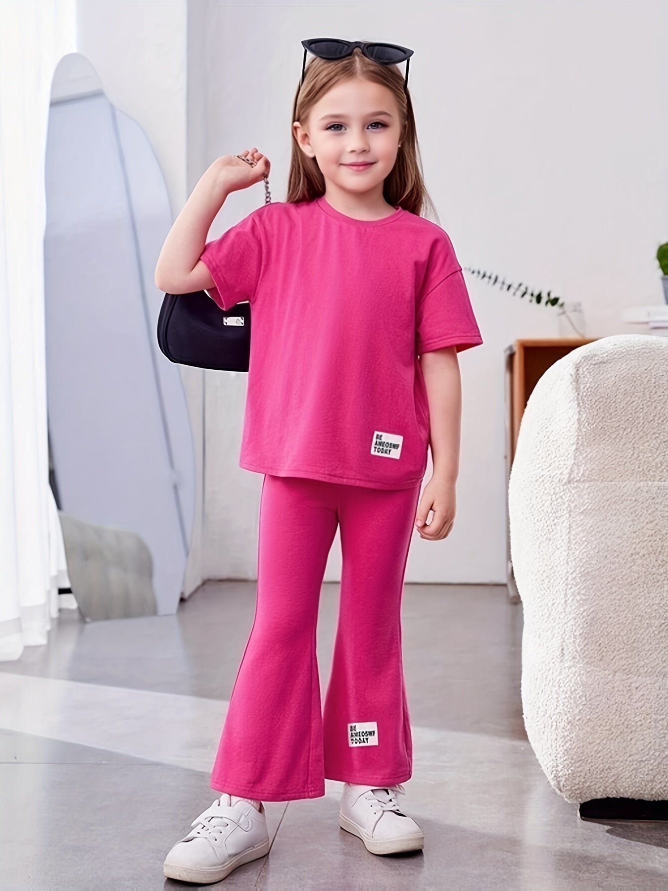 Girl's 2pcs Tshirt & Flared Pants Set BE AWESOME TODAY Patched Short Sleeve Top