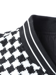 Checkerboard Pattern Varsity Jacket Men's Casual Baseball Collar Button Up Jacke