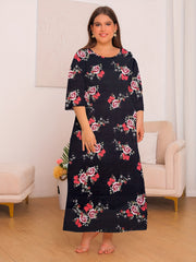 Floral Print Lounge Dress Three Quarter Sleeve Round Neck Nightdress