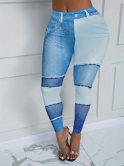 Denim Print Skinny Leggings Long Length Casual Pants Women's Clothing