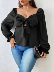 Solid Lantern Sleeve V Neck Knot Cut Out Peplum Top