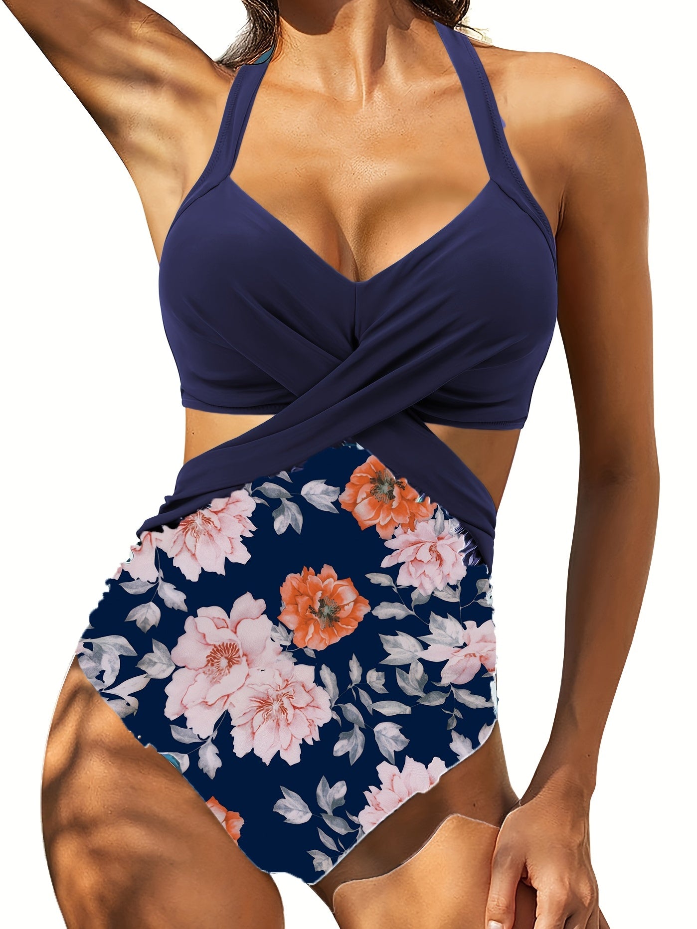 Leaf Print One Piece Swimsuit Halter Neck V Neck Cut Out Tie Back High Cut Bathi