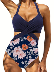 Leaf Print One Piece Swimsuit Halter Neck V Neck Cut Out Tie Back High Cut Bathi