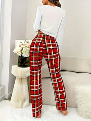 Letter Print Pajama Set Long Sleeve Top & Plaid Pants