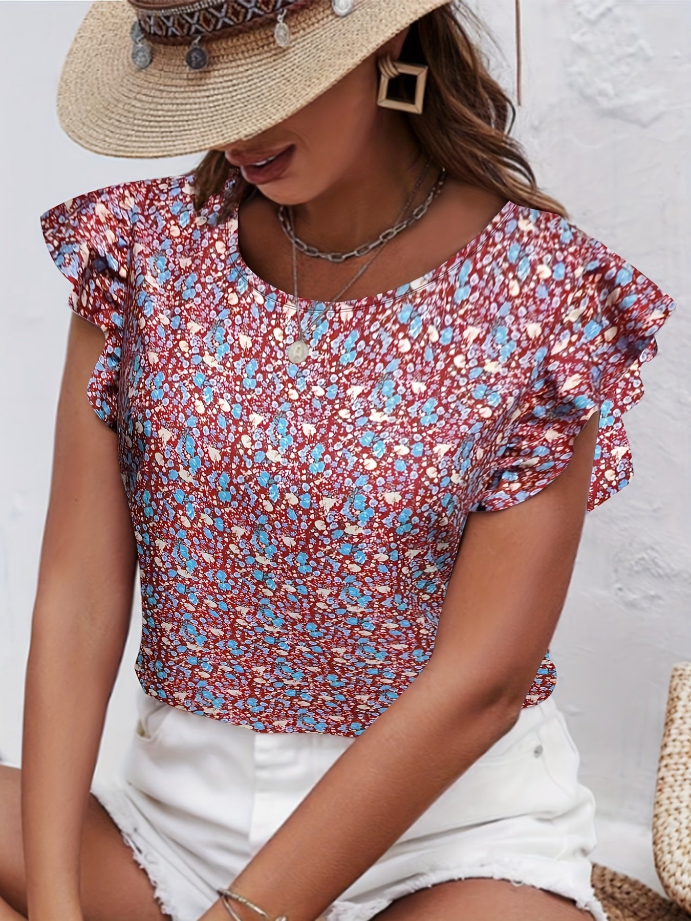 Ditsy Floral Print Ruffle Sleeve Blouse