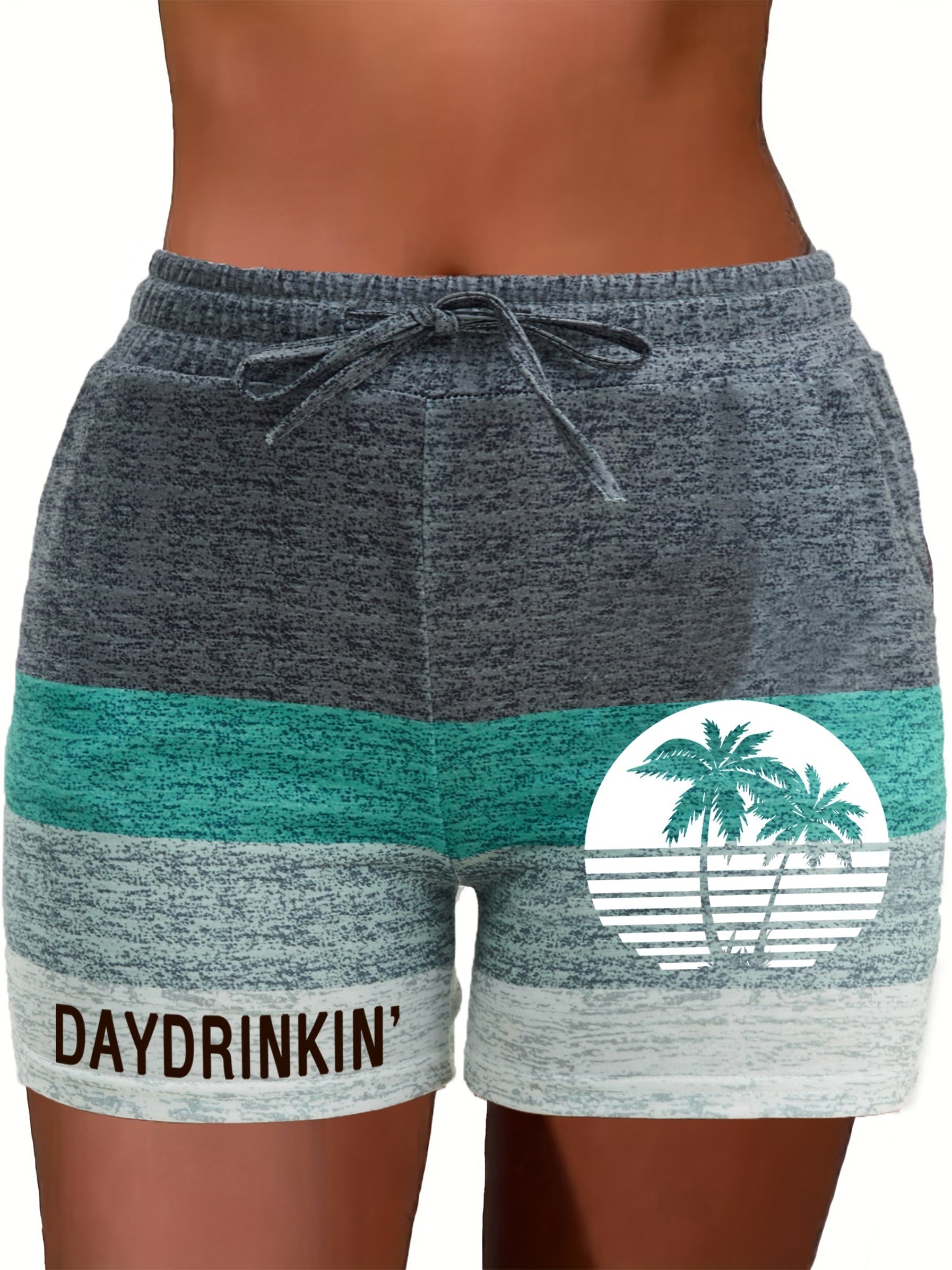 Tree & Letter Print Striped Drawstring Shorts