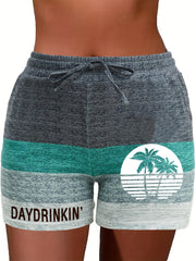 Tree & Letter Print Striped Drawstring Shorts