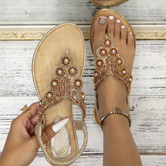 Boho Style Thong Sandals Faux Pearl Beads Decor Slip On Flat Sandals