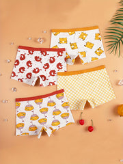 4pcs Cartoon Girl's Cotton Boxer Briefs Elastic Waist Shorts