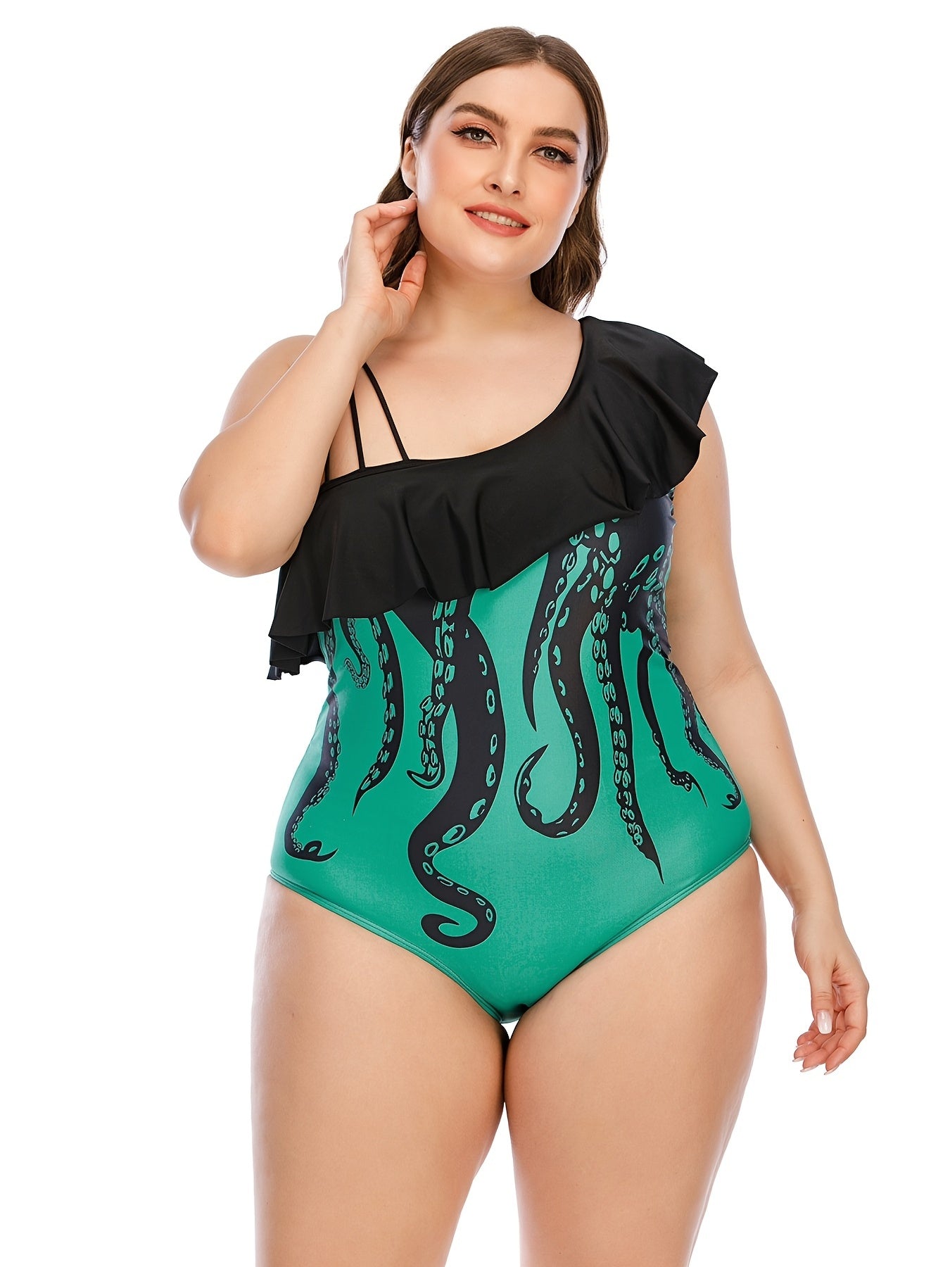 Cartoon Print Ruffle Trim Swimwear One Piece
