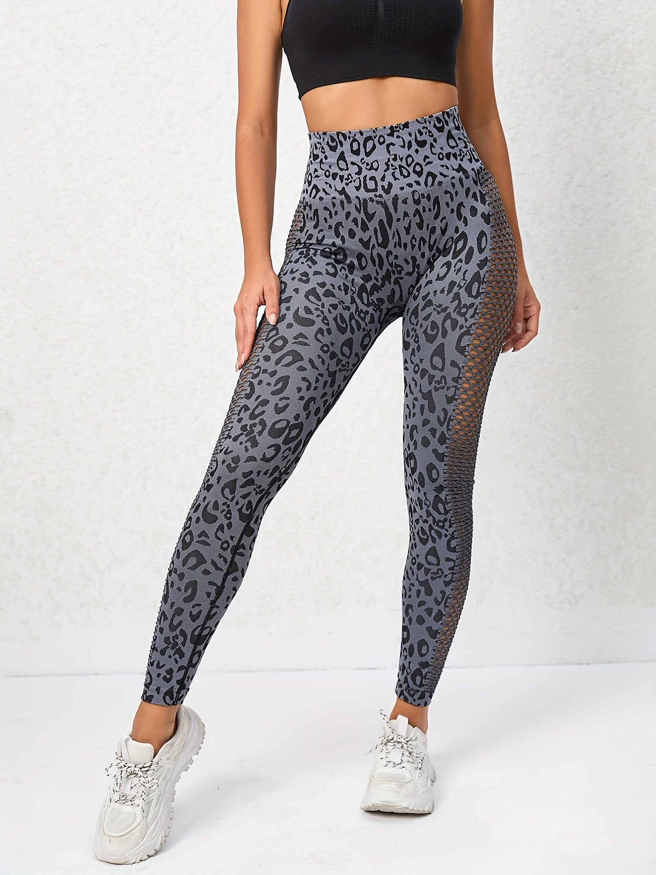 Leopard Print Hollow Out Sports Leggings High Waist Yoga Pants