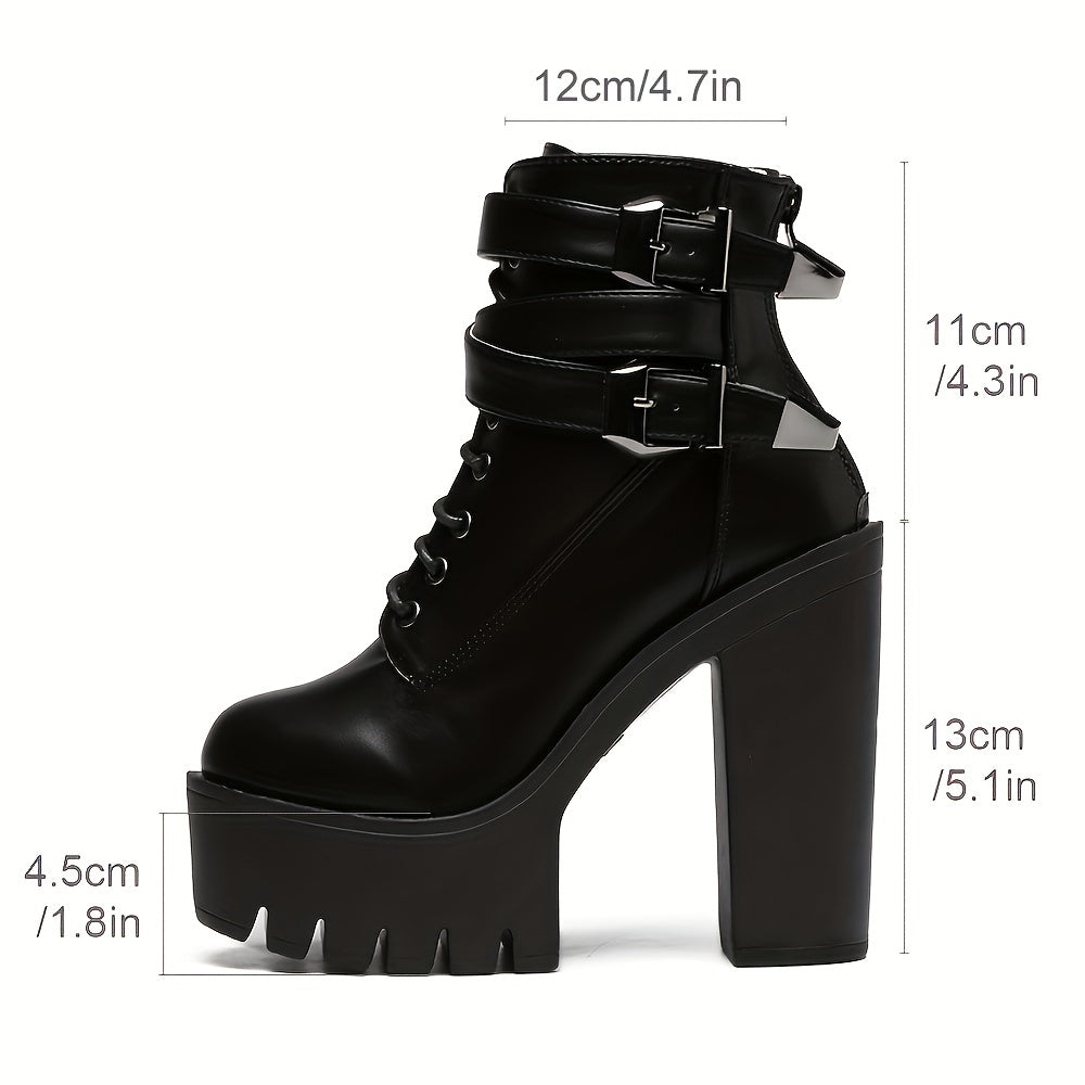 Women's Platform Block Heel Boots Lace Up Ankle Motorcycle Boots