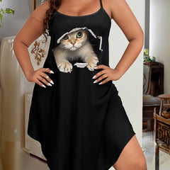3D Cat Print Round Neck Medium Stretch Cami Sleep Dress