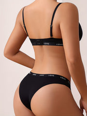 Letter Print Bra Set Triangle Cups Plunge Bra & Seamless Panties