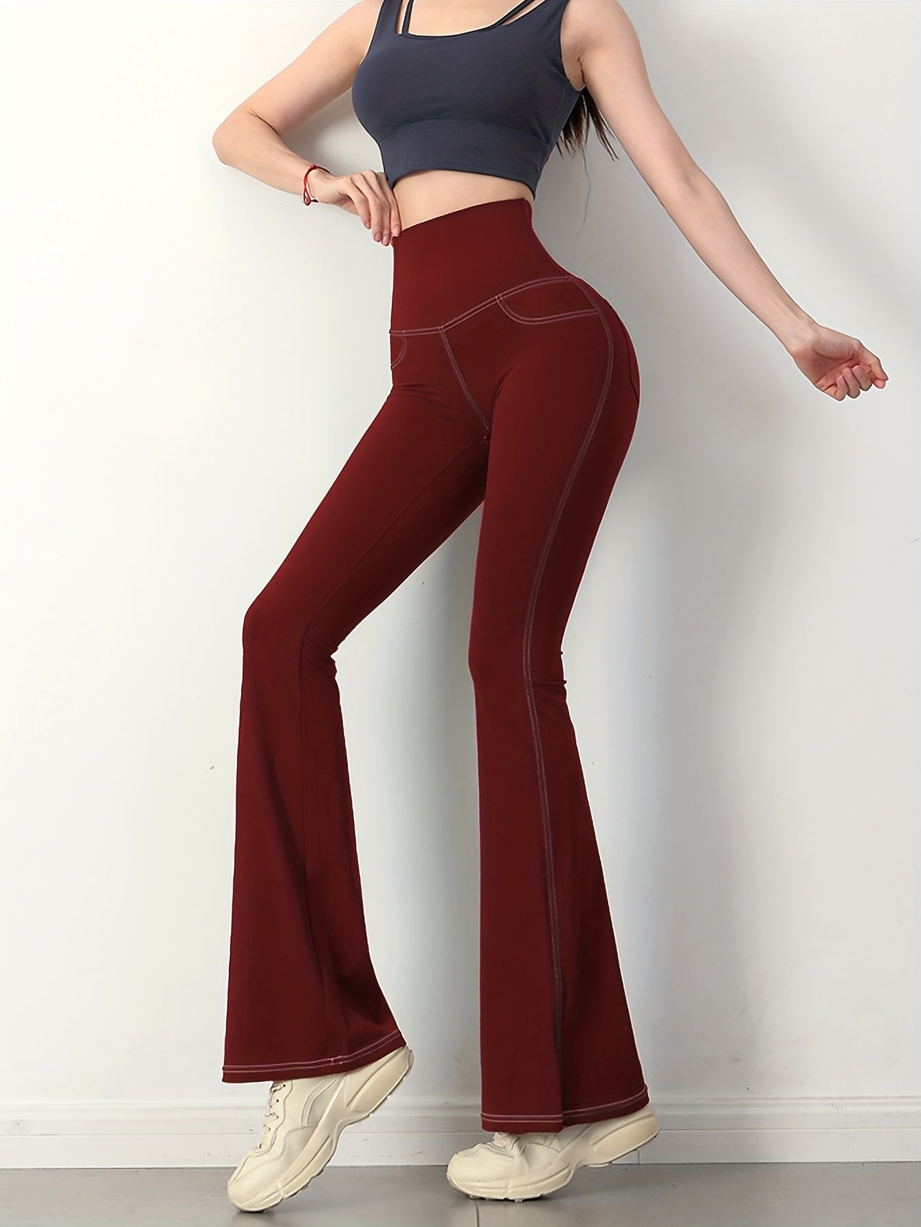 Solid Denim Yoga Pants With Pockets Sports Fitness Flared Leggings