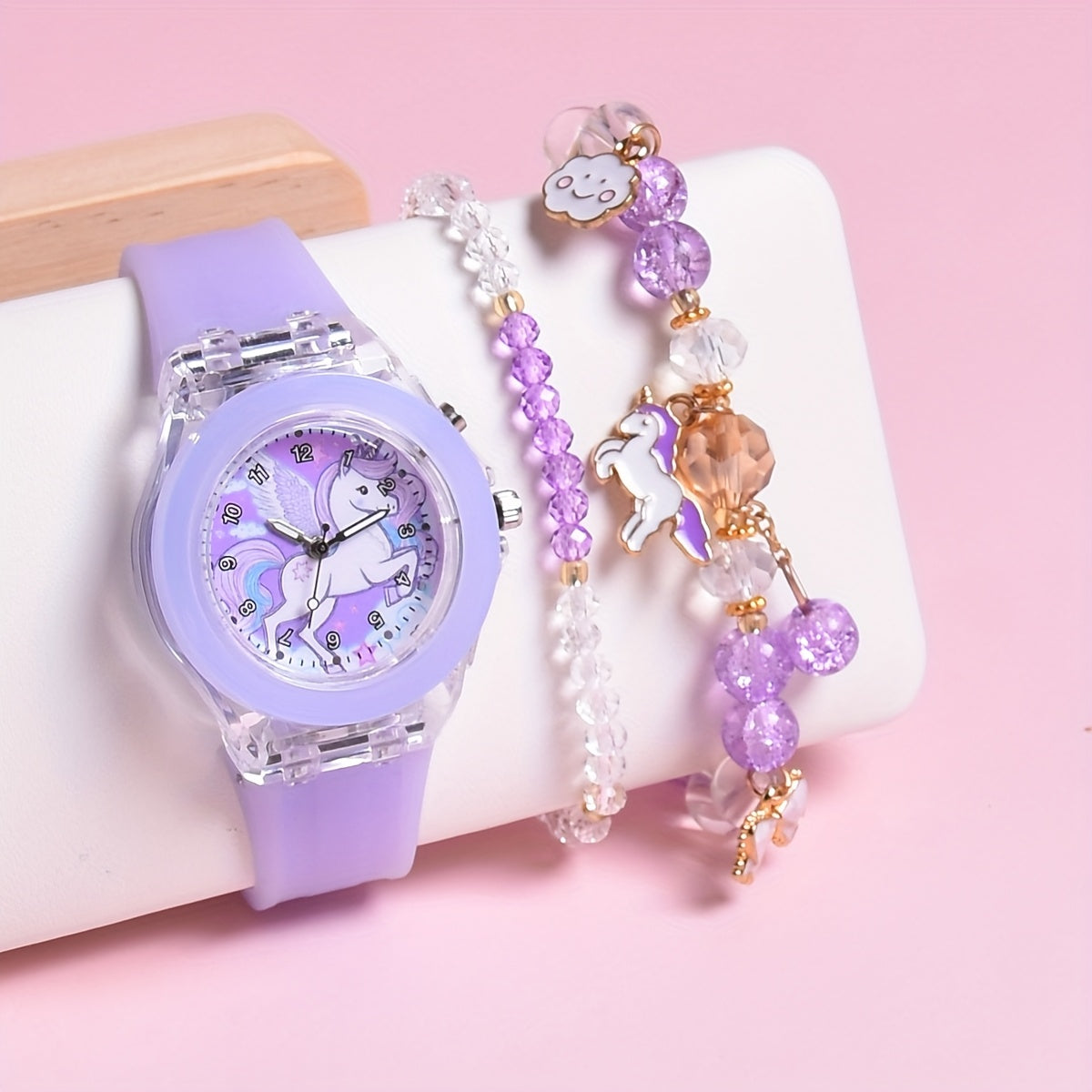 Hot Deal Cartoon Pony Silicone Strap LED Girls Watch Quartz Wristwatch Set