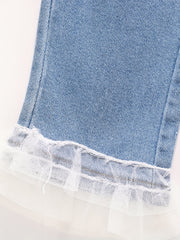 Girl's Lace Fringe Casual Jeans Trousers Elastic Waist Long Pants