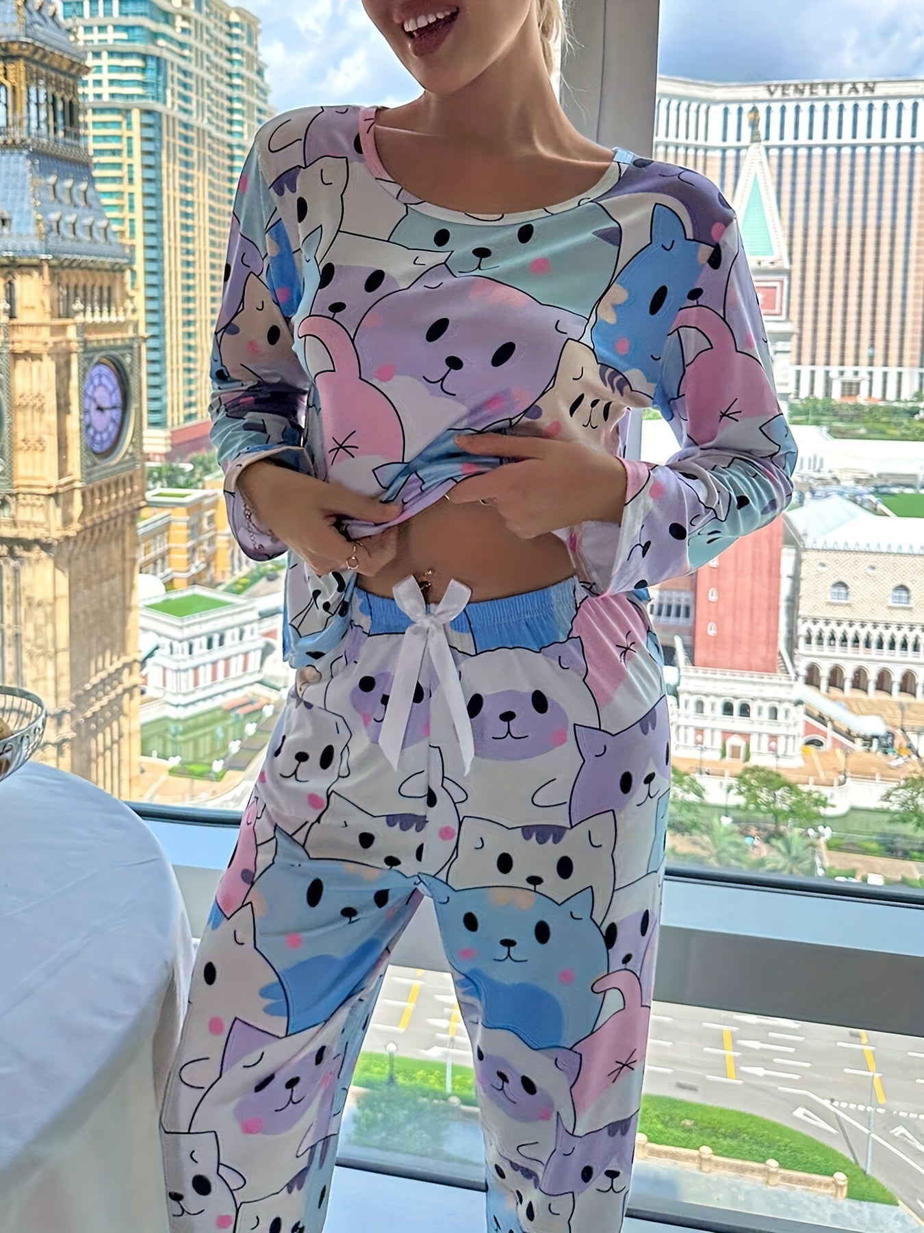 Cat Print Pajama Set Long Sleeve Top & Pants