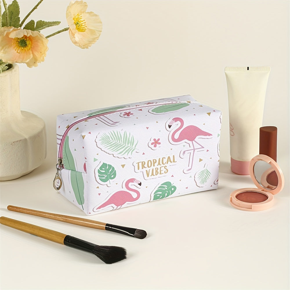 Flamingo Pattern Makeup Bag Roomy Square PU Makeup Pouch Zipper Travel Organizer