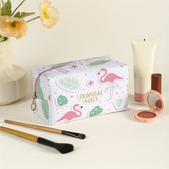 Flamingo Pattern Makeup Bag Roomy Square PU Makeup Pouch Zipper Travel Organizer