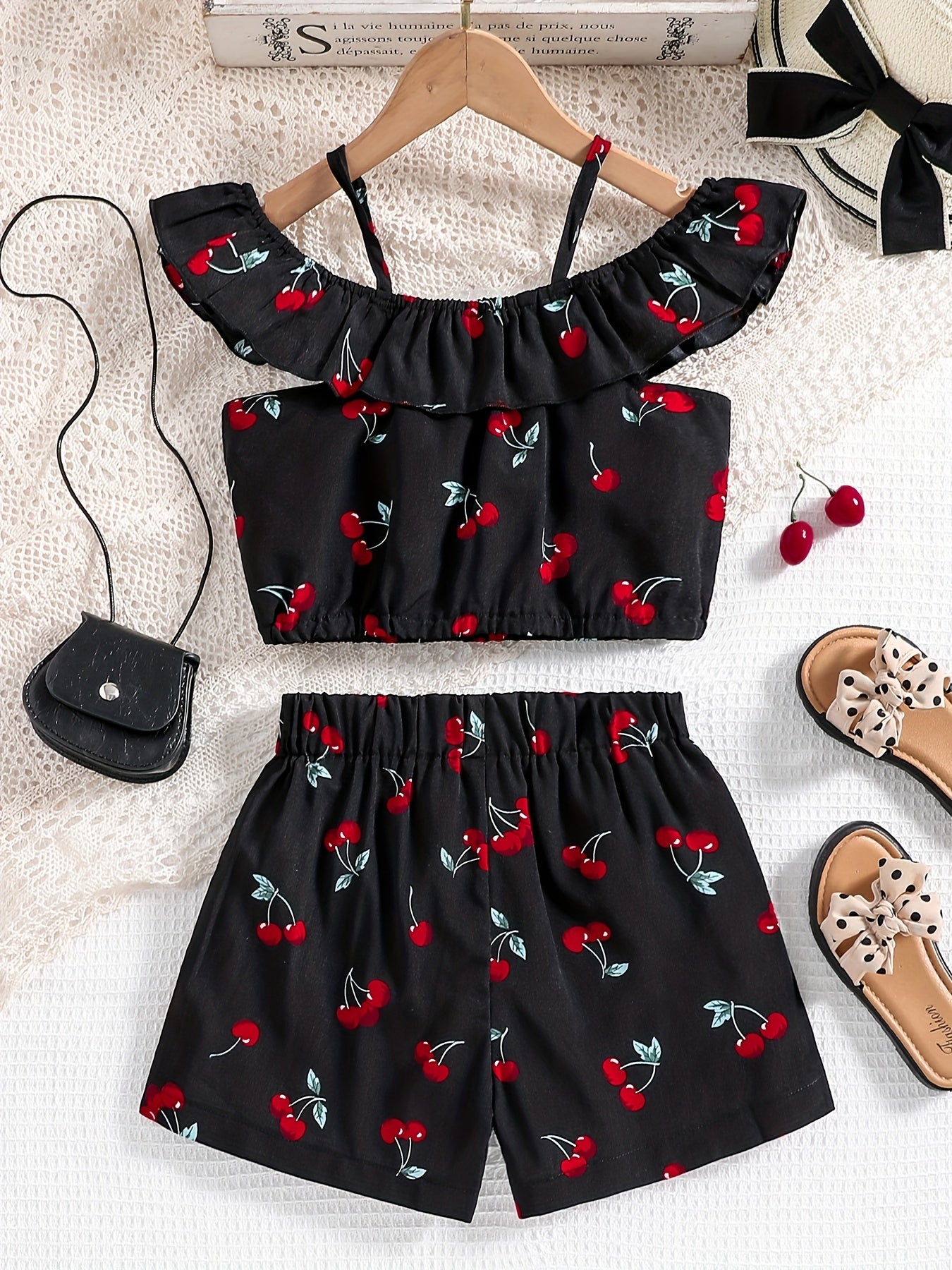 Girls Cherry Print Off Shoulder Camisoles & Elastic Waist Shorts Set