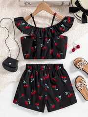 Girls Cherry Print Off Shoulder Camisoles & Elastic Waist Shorts Set