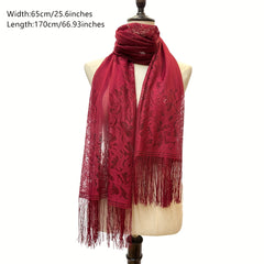 Red Lace Tassel Scarf Floral Shawl for Party Prom Wedding Bridal