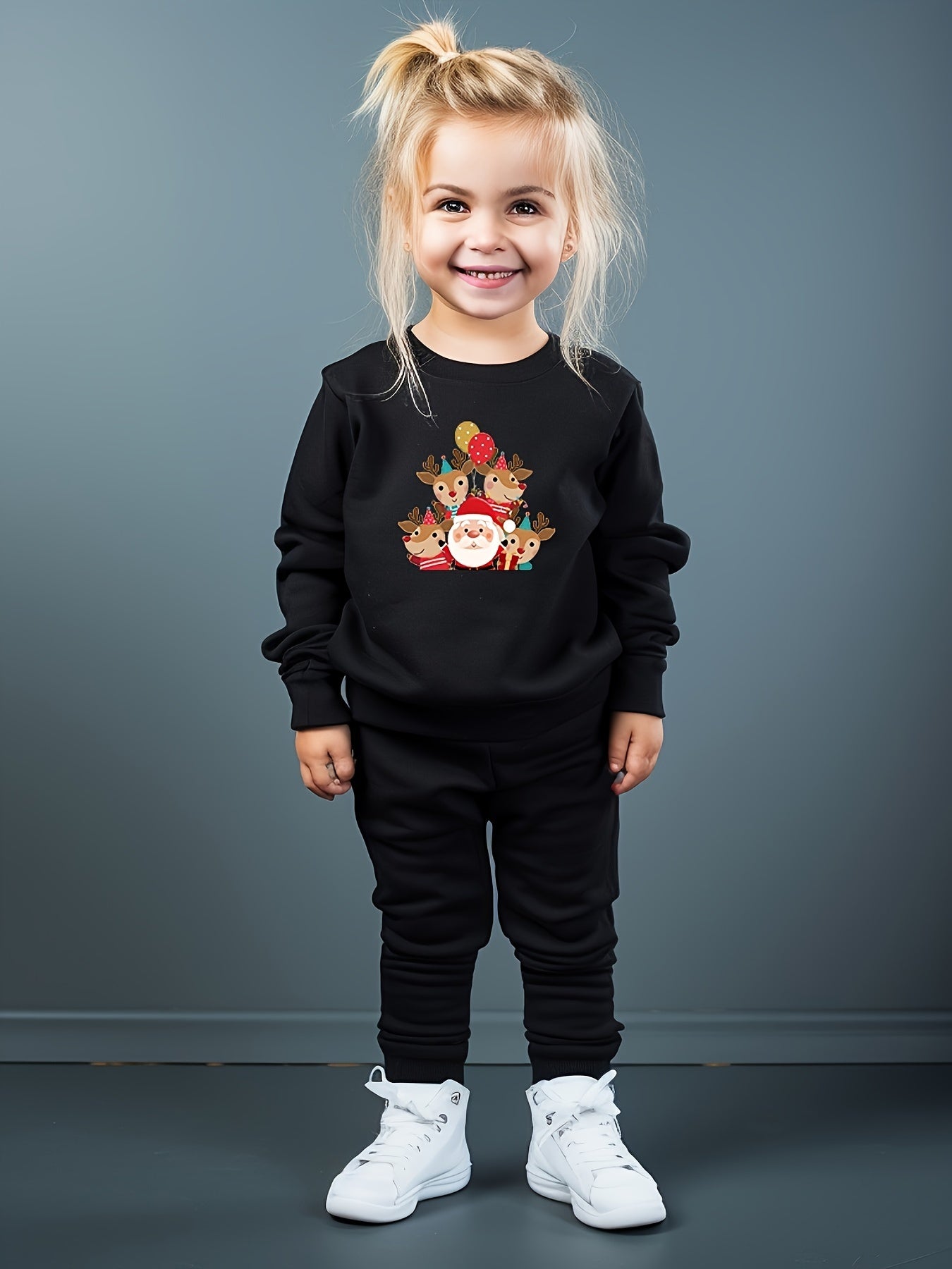 Girls 2pc Santa & Deer Pattern Crew Neck Sweatshirt & Solid Sweatpants Set