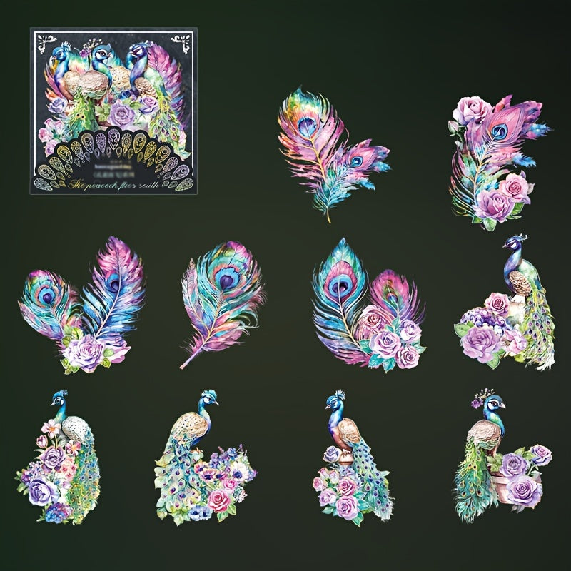 Peacock Galaxy Sticker Pack - 10 Sheets High Glossy Glitter, Self Adhesive