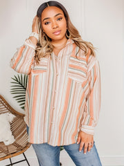 Women's Orange Stripe Print Long Sleeve Blouse
