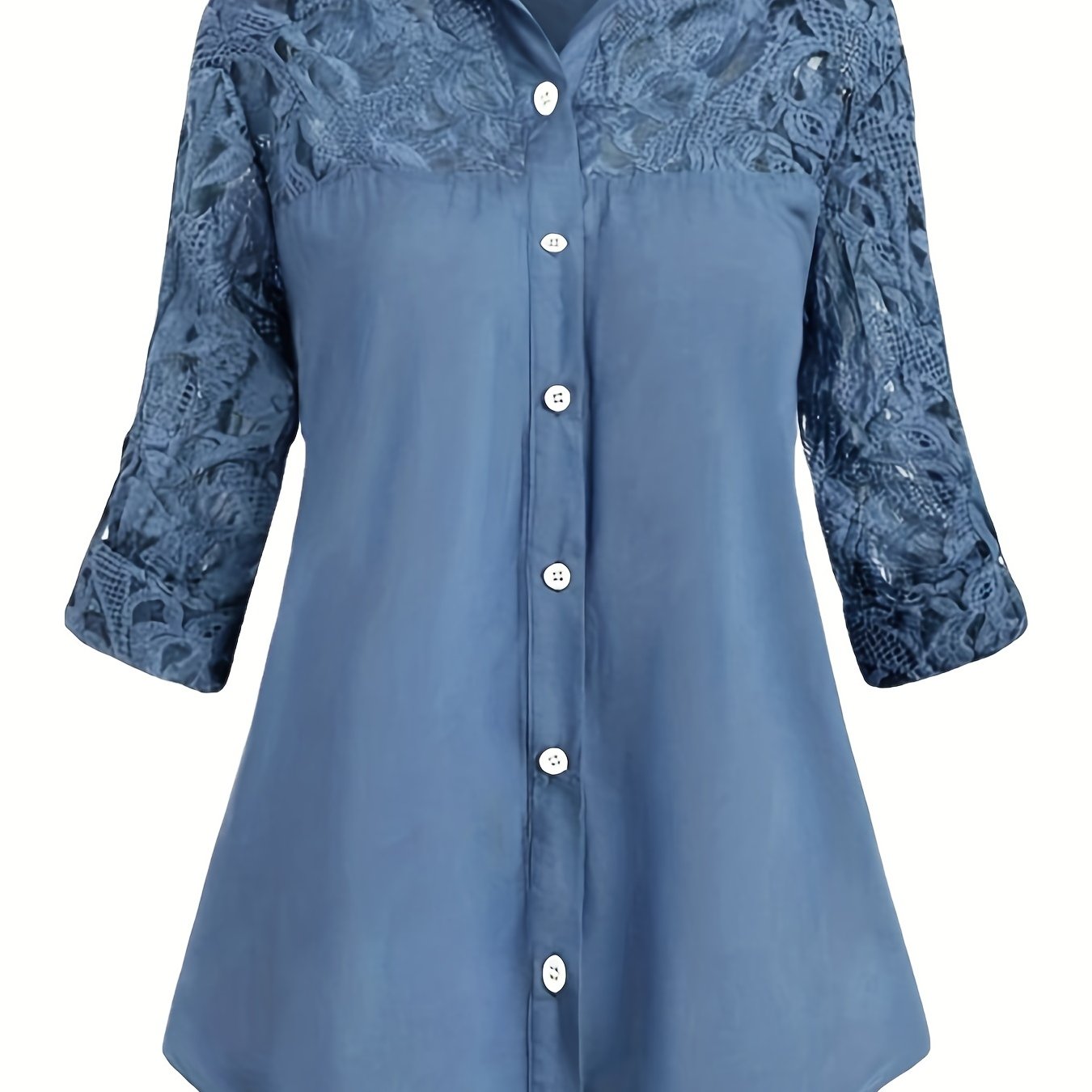 Casual Blouse Women's Contrast Lace Button Up Roll Up Sleeves
