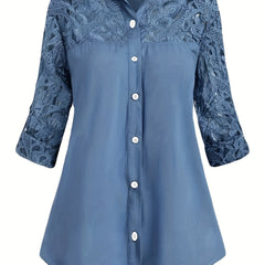 Casual Blouse Women's Contrast Lace Button Up Roll Up Sleeves