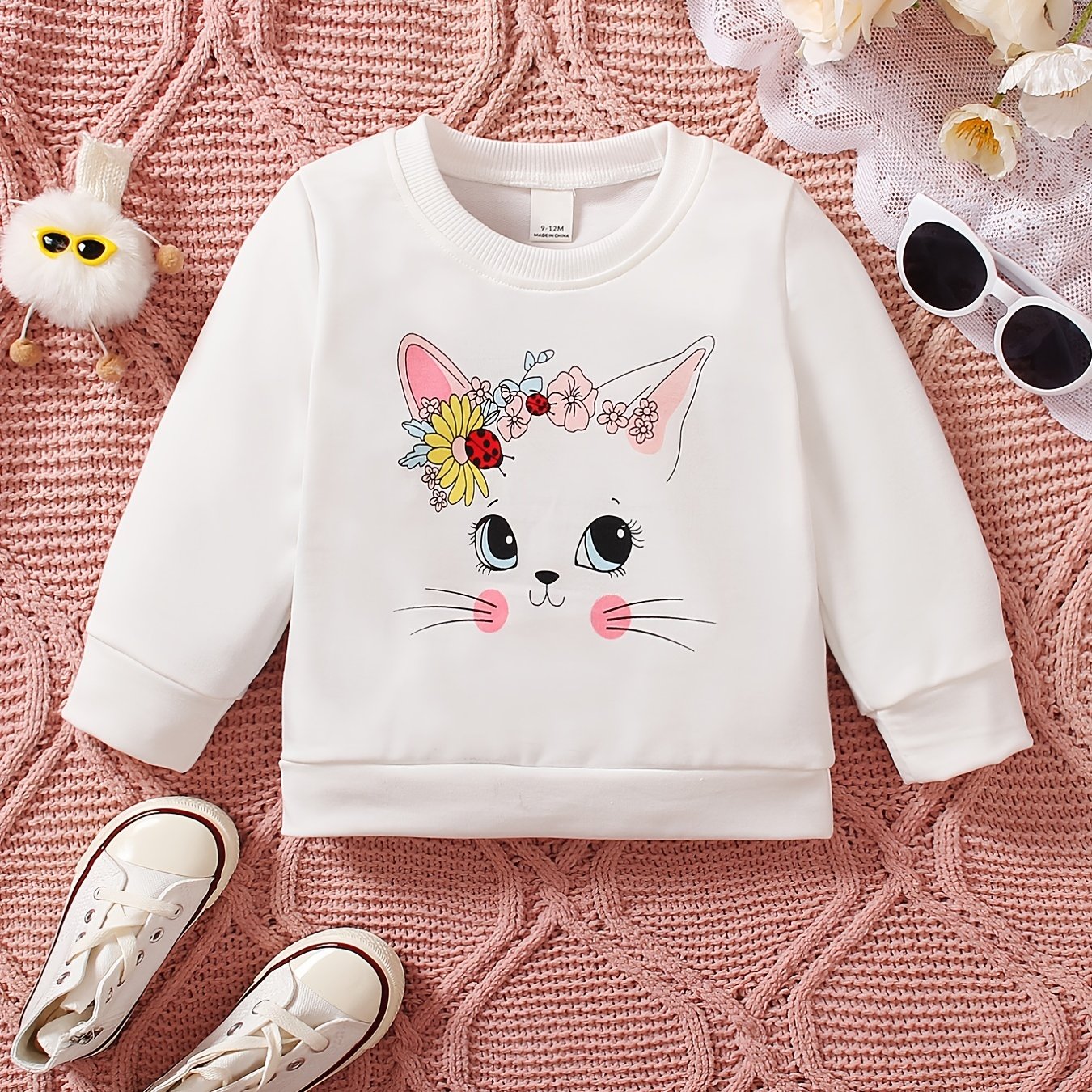 Long Sleeve Kitten Print Sweatshirt Kids Pullover Top