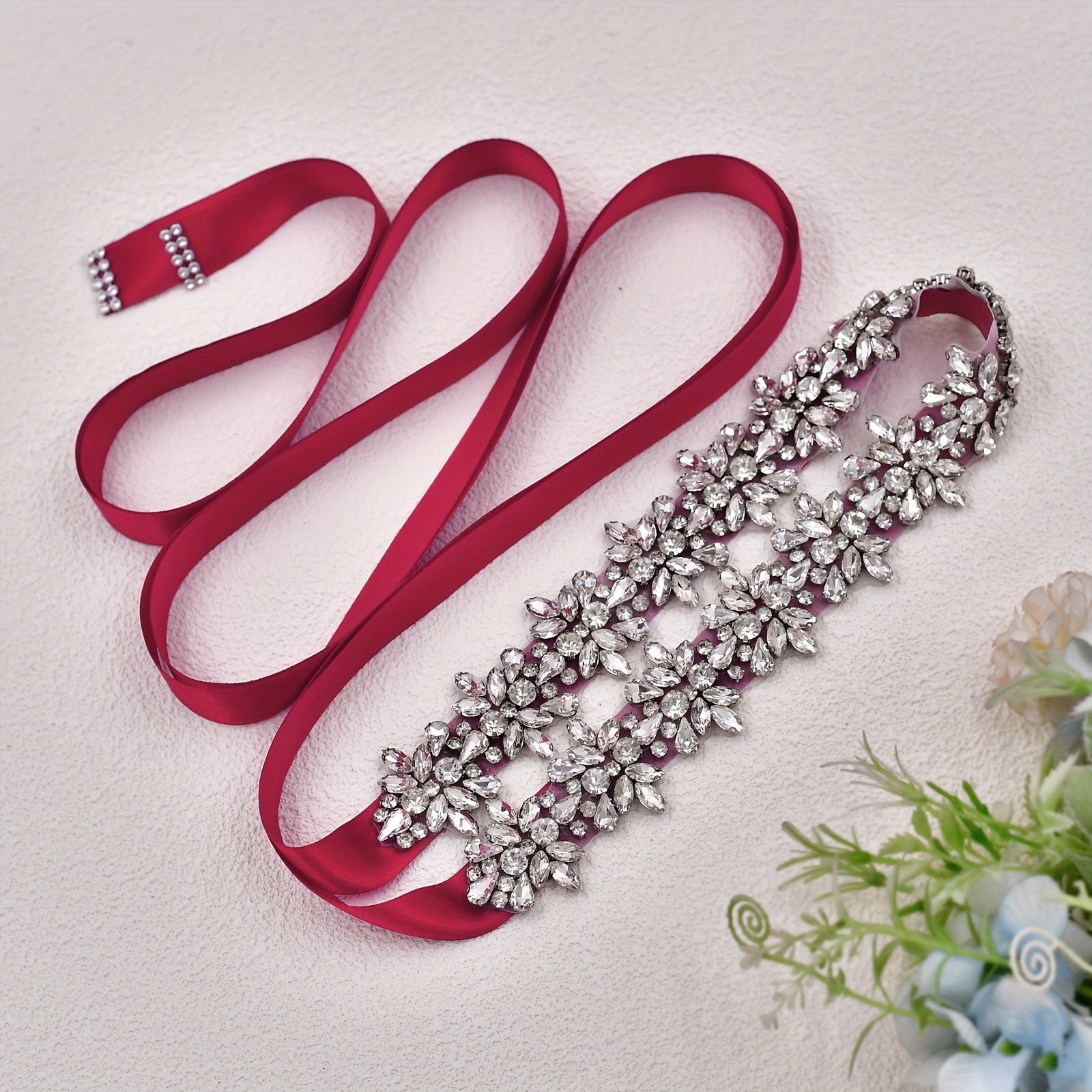 Rhinestone Bridal Sash Red Ribbon with Sparkling Floral