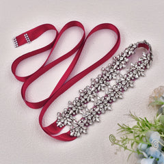 Rhinestone Bridal Sash Red Ribbon with Sparkling Floral