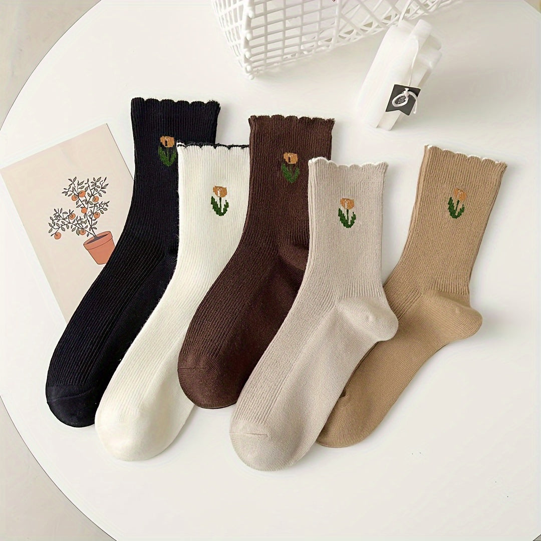 5 Pairs Floral Print Socks with Scallop Trim for Women