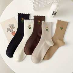 5 Pairs Floral Print Socks with Scallop Trim for Women
