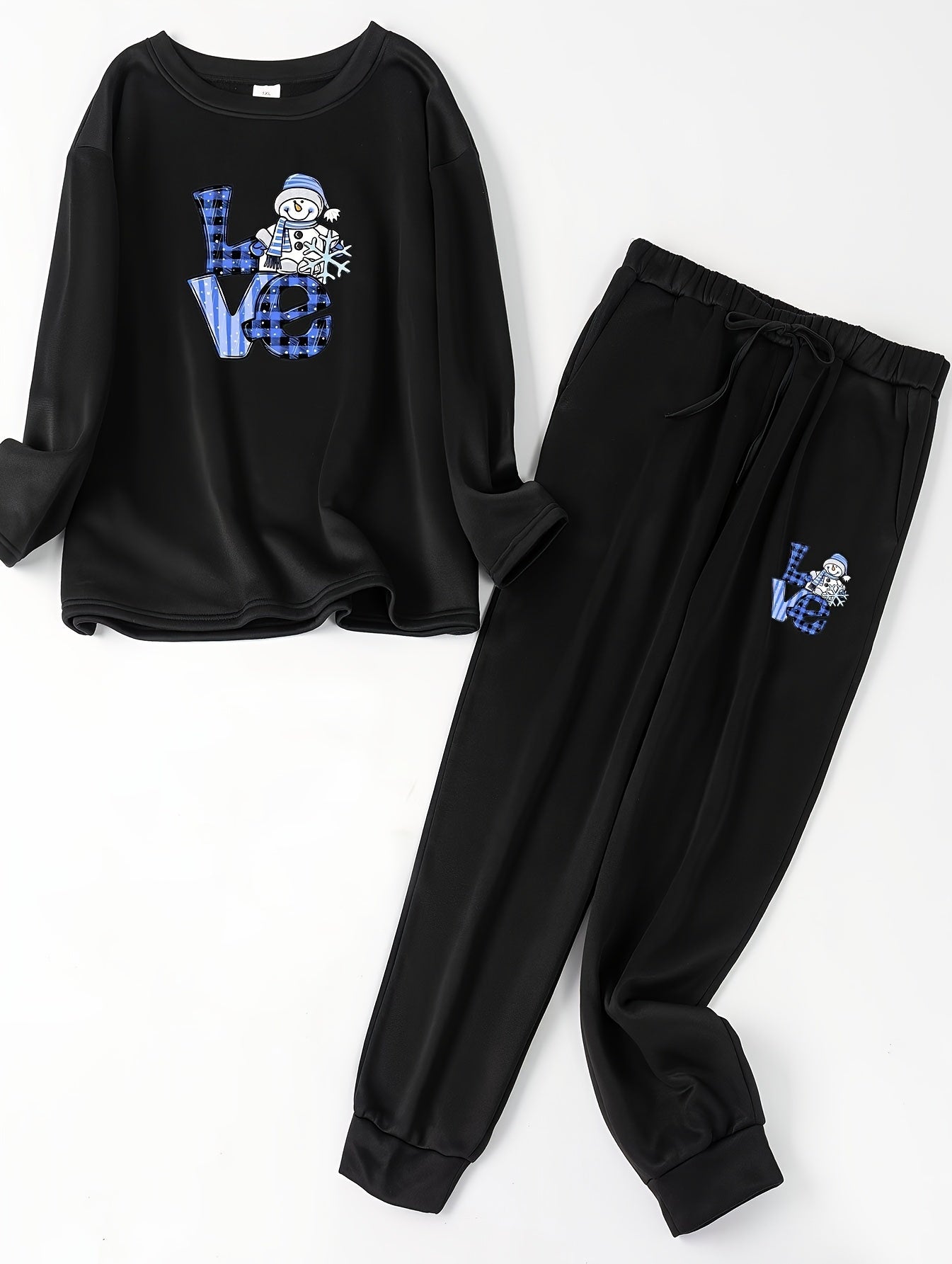 Women's Plus Snowman Print Fleece Top & Joggers Pajamas Set