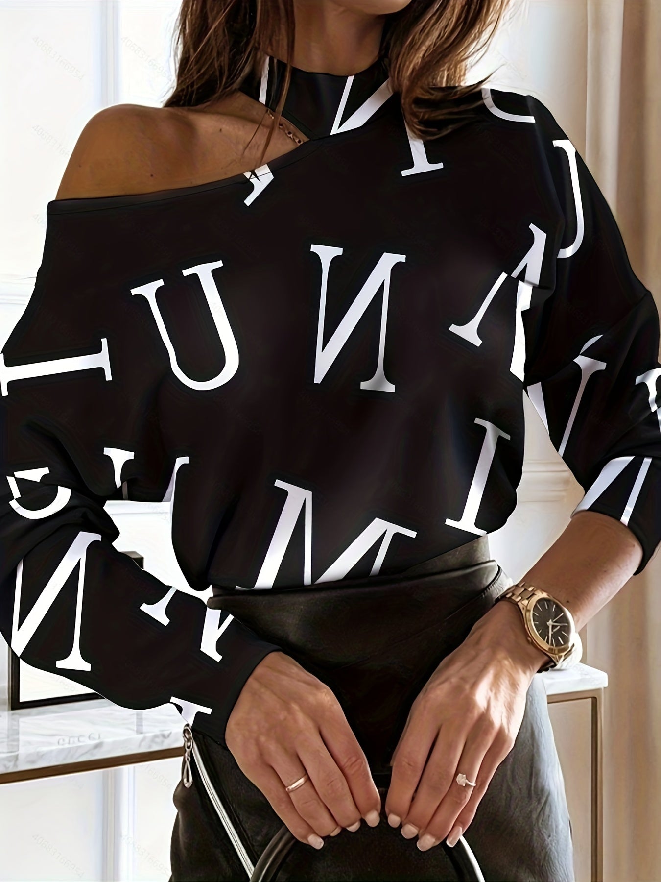 Casual Blouse Women's Plus Letter Print Long Sleeve One Shoulder Top