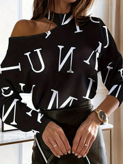 Casual Blouse Women's Plus Letter Print Long Sleeve One Shoulder Top