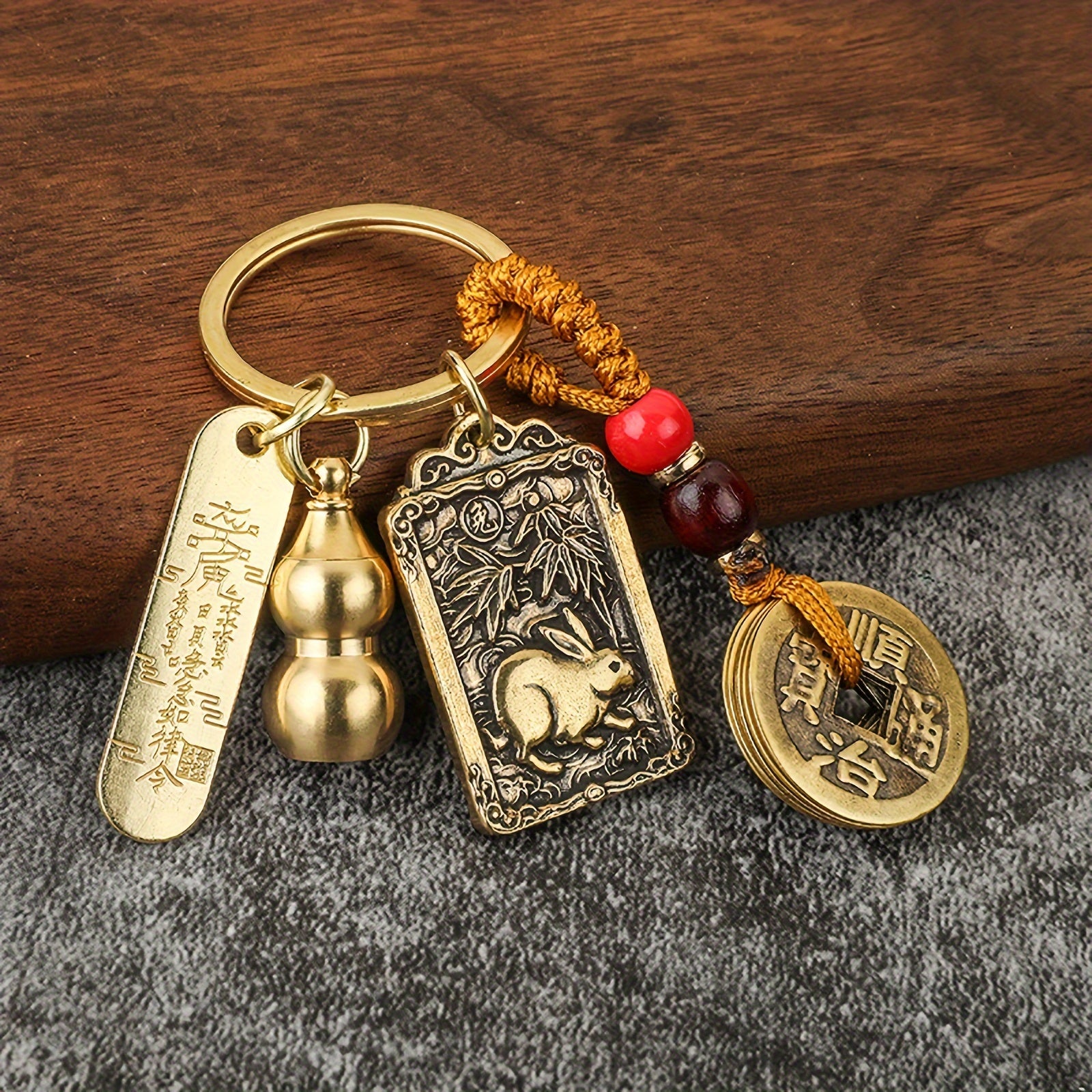 Chinese Zodiac Brass Gourd Fengshui Coin Keychain Retro Lucky Key Chain Pendant