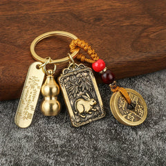 Chinese Zodiac Brass Gourd Fengshui Coin Keychain Retro Lucky Key Chain Pendant
