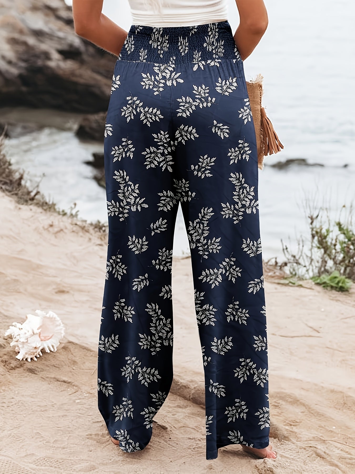 Women's Plus Floral Print Shirred Waist Wide Leg Trousers