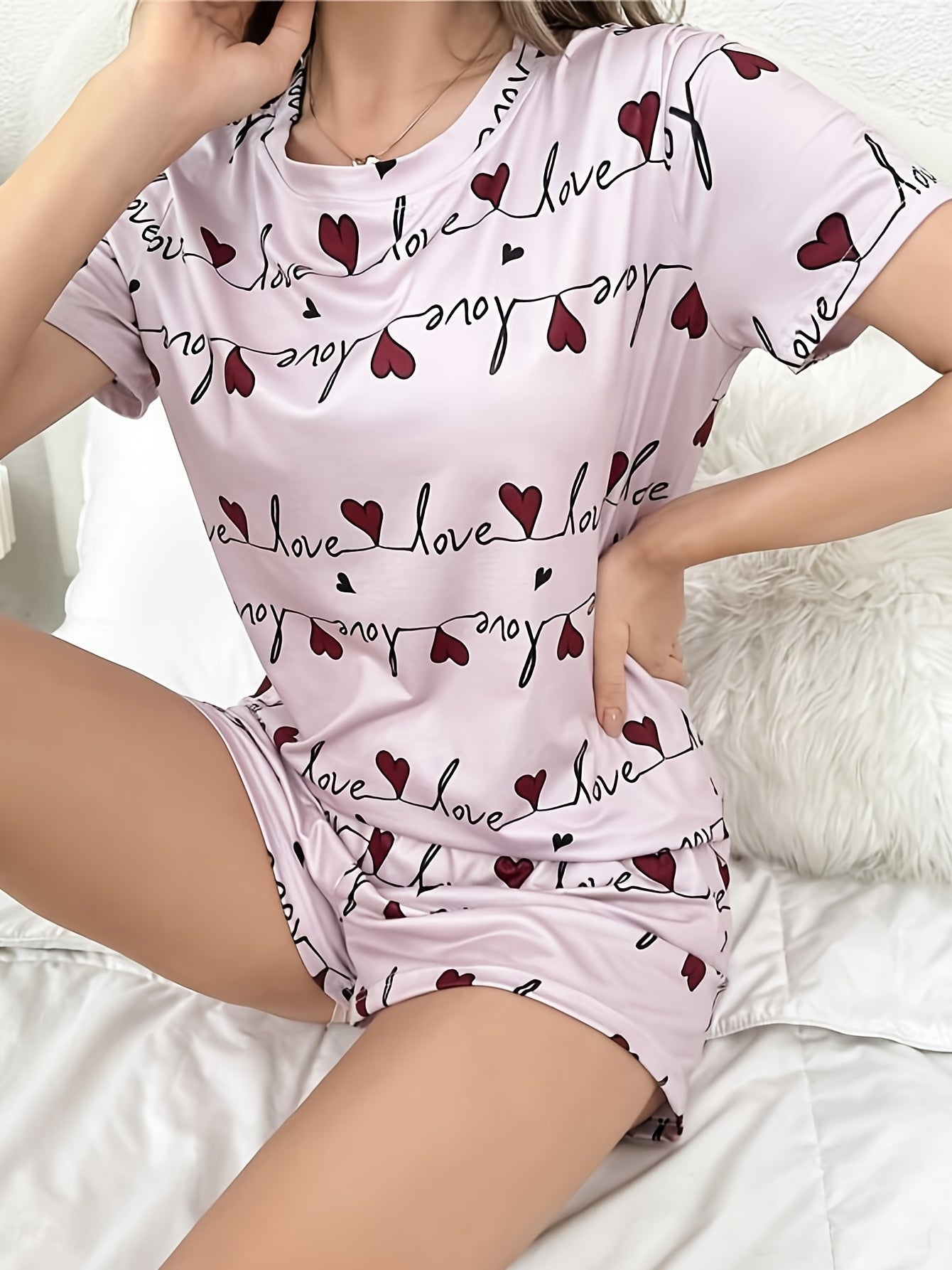 Heart Print Pajama Set Short Sleeve Top & Shorts Women's Sleepwear