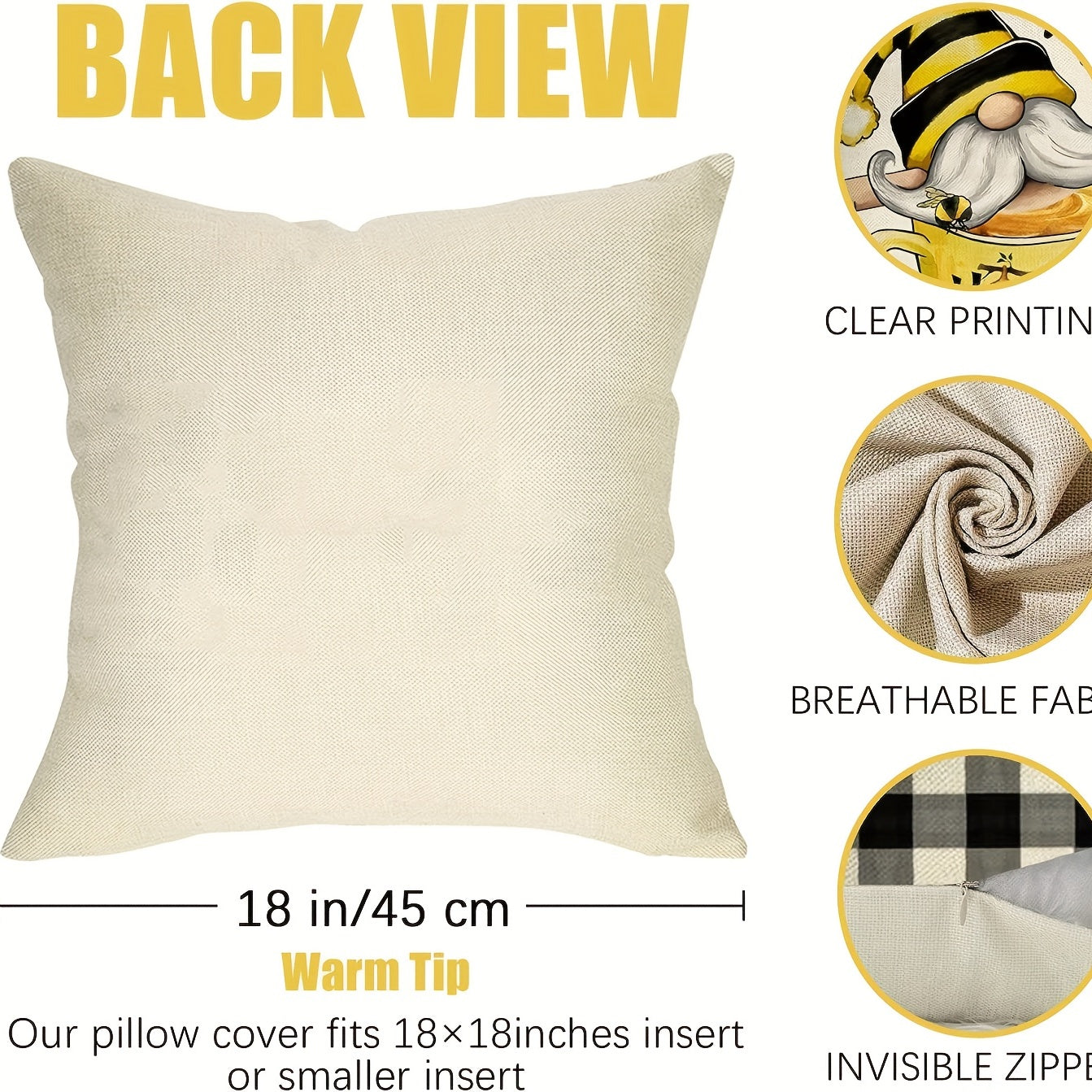 Square Linen Cushion Cover 18''x18'' Spring Summer Bee Pillow Cover