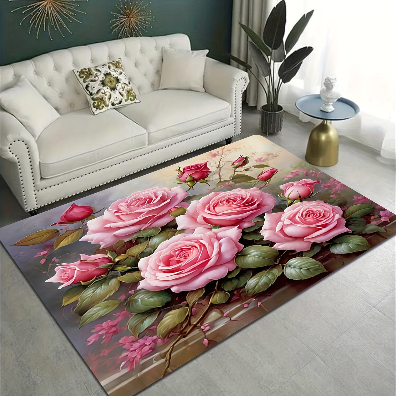 Pink Rose Print Area Rug Machine Washable Mat for Home Decor