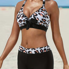 Leopard Print Bikini Set Halter V Neck High Stretch Boxer Short Bottom Swimsuit