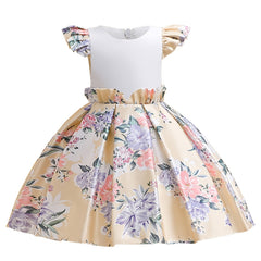 Girls Princess Dress Flying Sleeves Flowers Print Ruffles Performance Dress