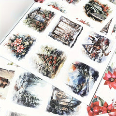 Winter Christmas Sticker Book Large Size Vintage Flower PET Paper Stickers