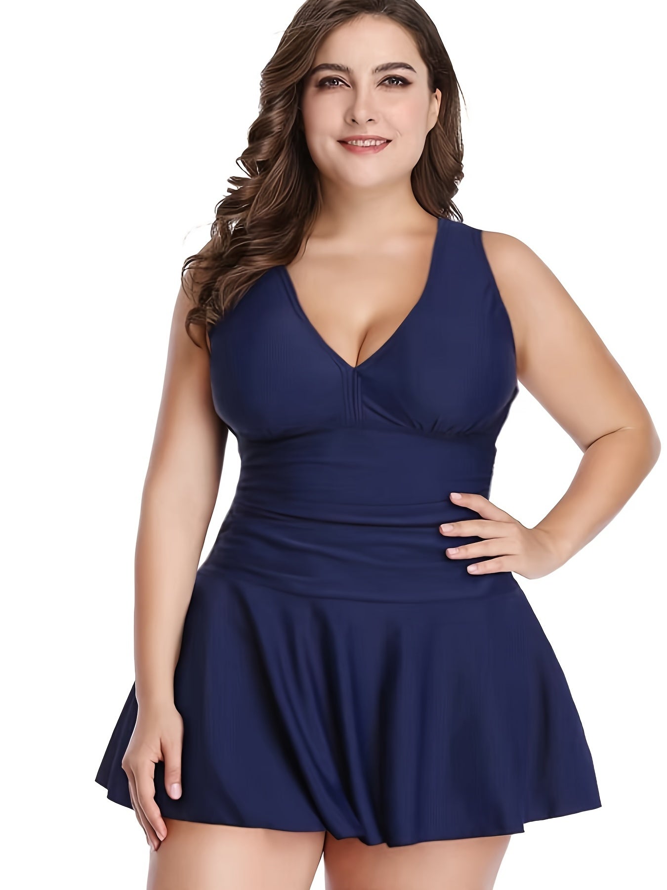 Deep V Neck Solid Swimsuit Two Piece Set Women's Plus